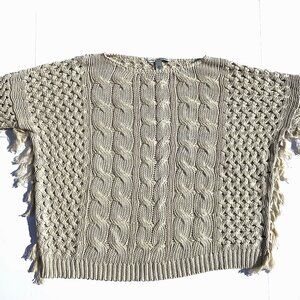 Women’s Cotton by Autumn Cashmere Oversized Sweater w/Fringe, Light Grey, Large